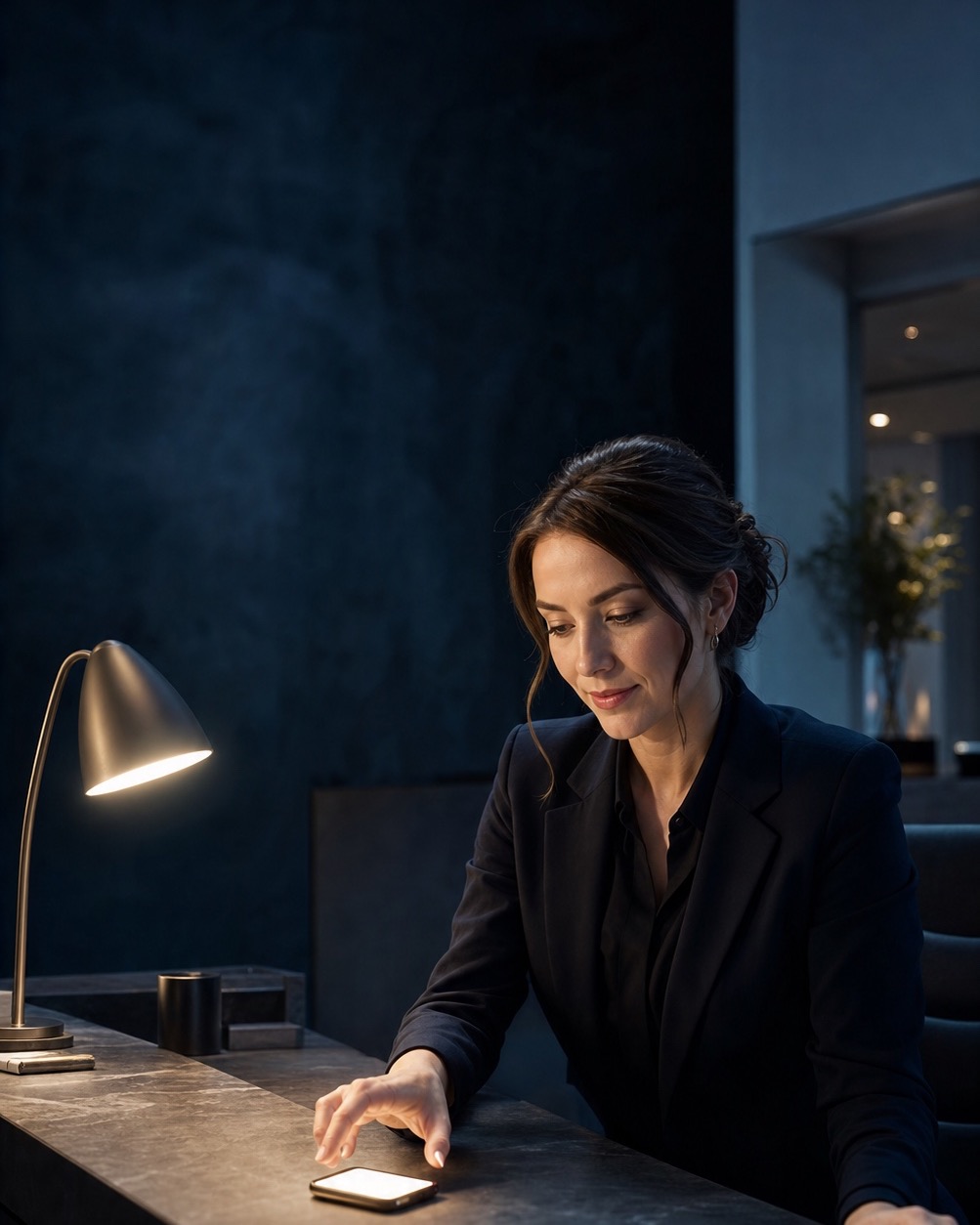A softly lit professional reception desk ready to respond after hours